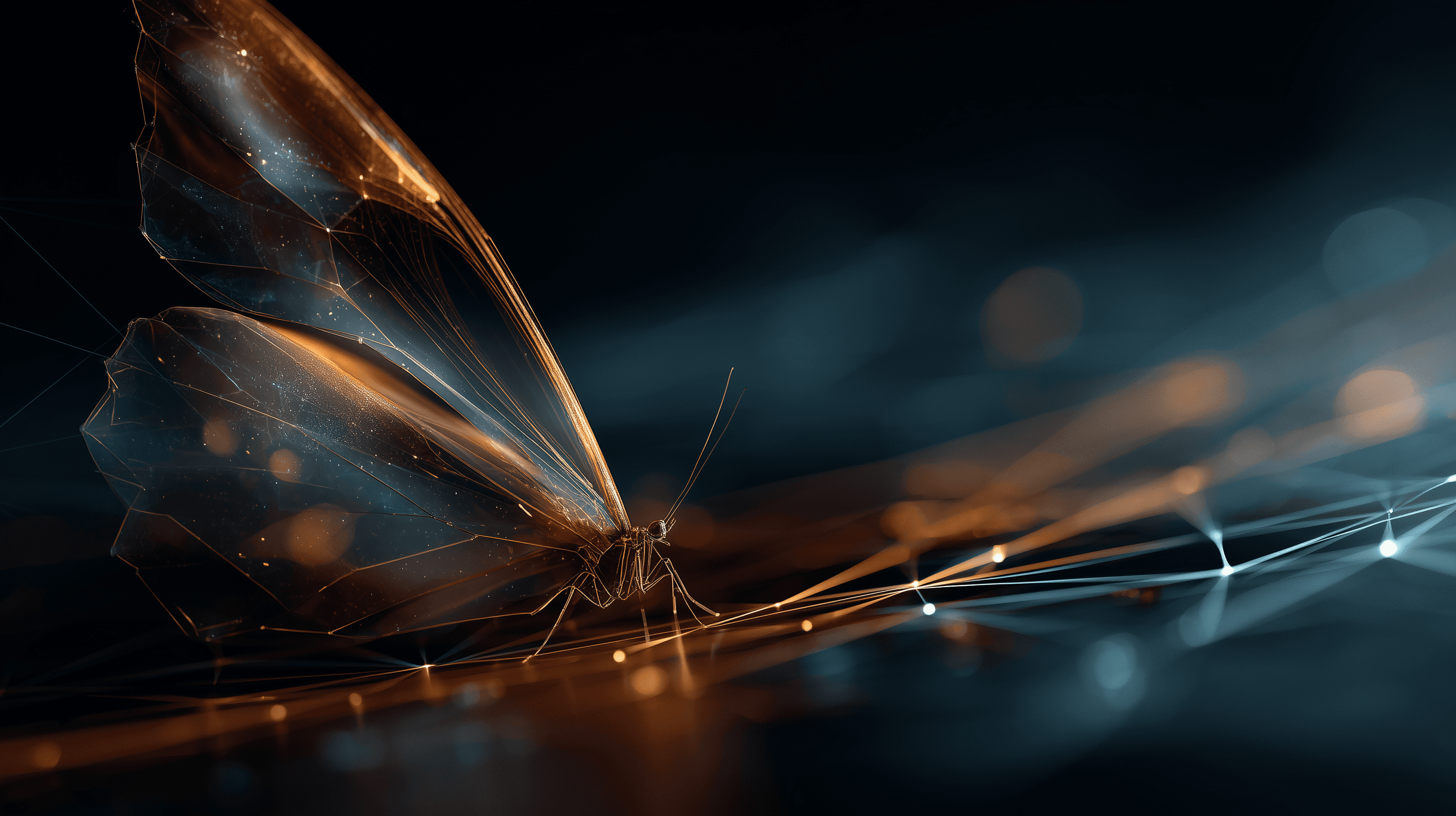A fragile butterfly wing dissolving into amber data streams against a deep navy background