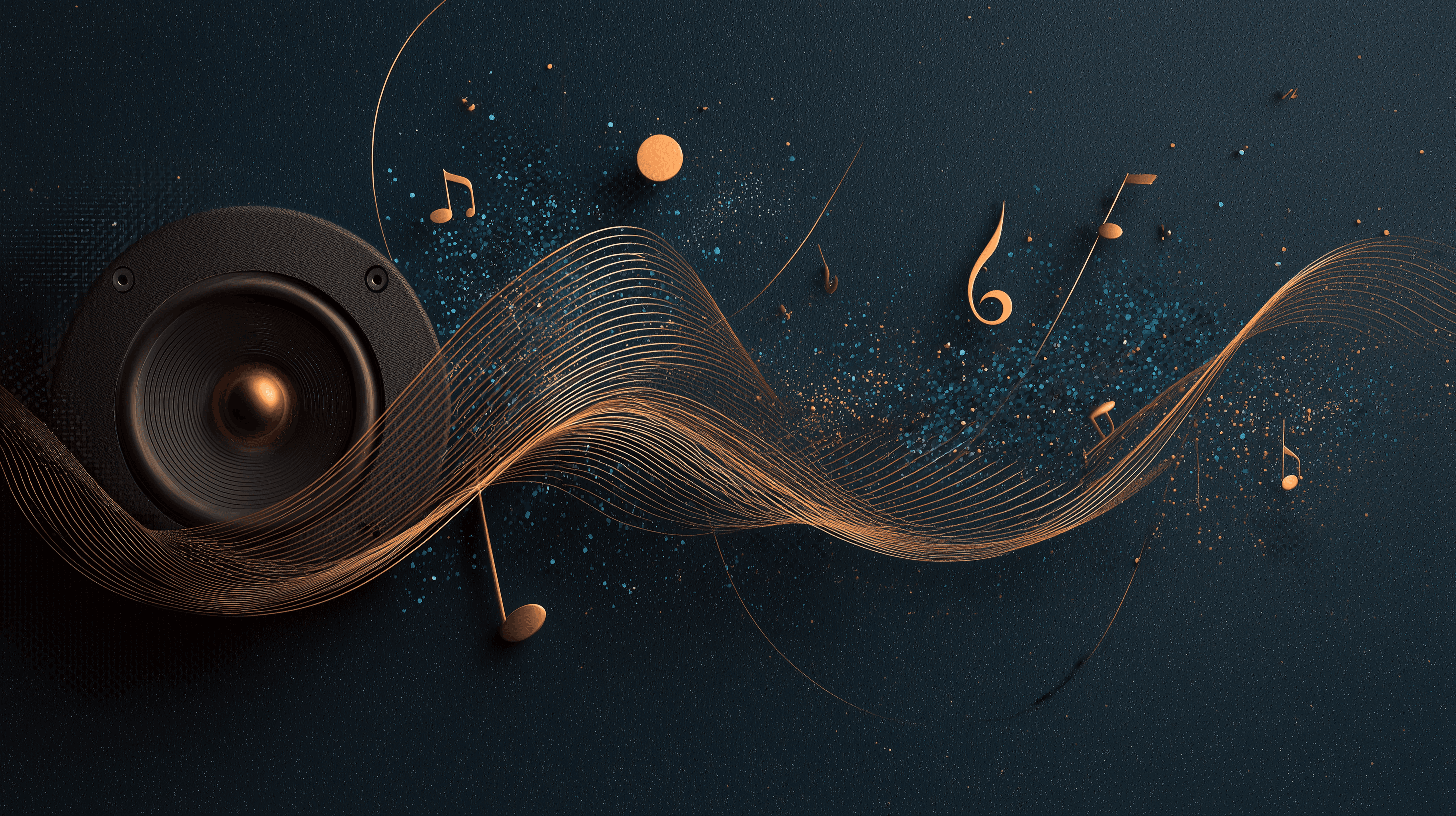 Abstract soundwave shapes in copper and teal dissolving into geometric fragments on a dark navy background