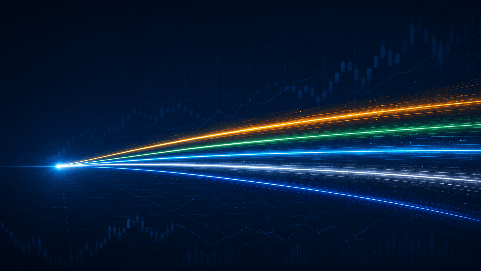Five colored streaks of light race rightward across a dark navy field from a single starting line, still bunched closely together — an abstract take on the five AI models running neck-and-neck after Week 1 of The AI Open.