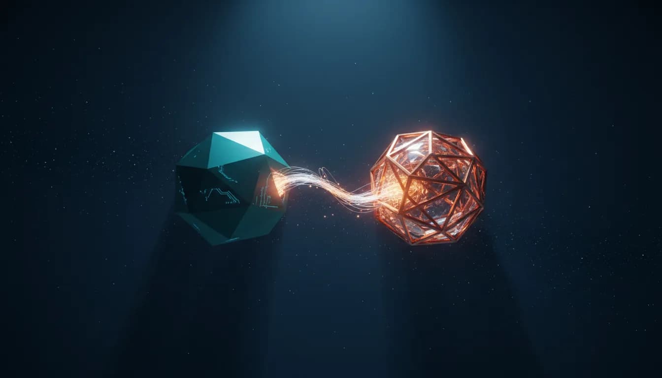 Two abstract geometric chambers, one teal and one copper, connected by a thin filament of light against a deep navy background.