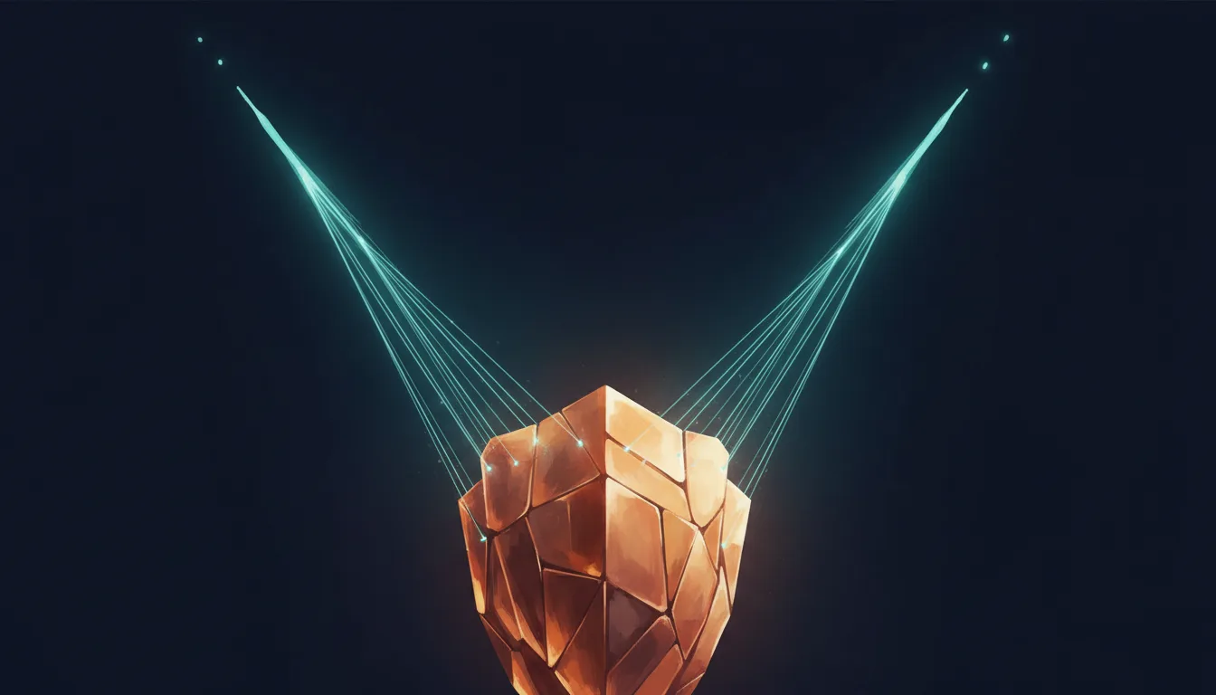 An abstract copper-amber crystalline form on a deep navy field, splitting into two teal light paths.