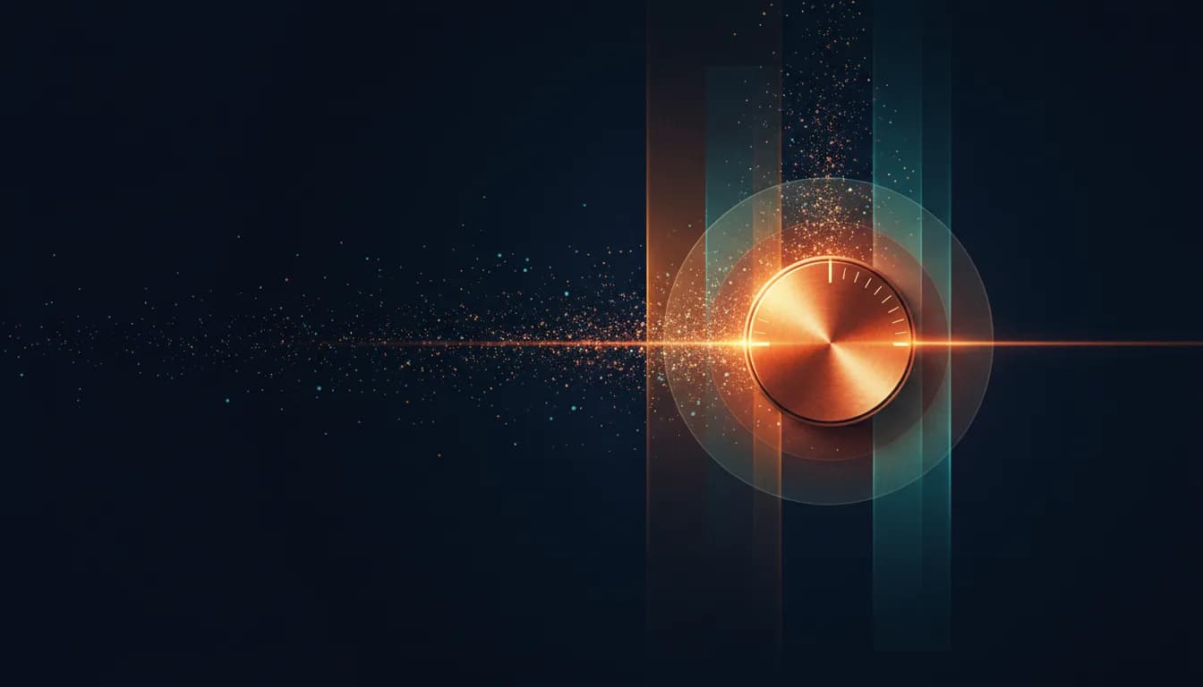 A glowing copper dial on a deep navy field, with faint teal lines branching into darkness.