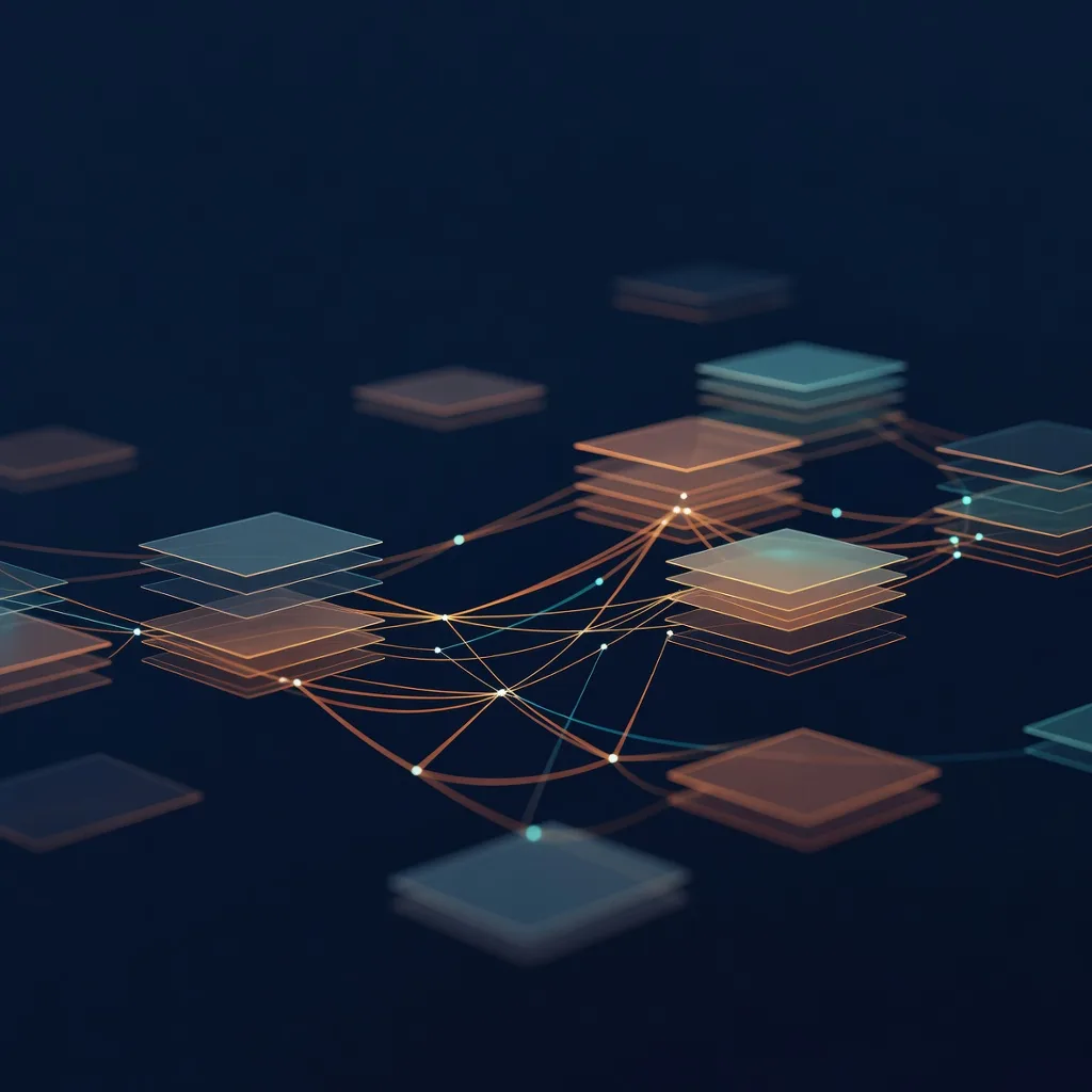 Abstract network of glowing copper lines connecting stacked translucent document-like planes on a deep navy background.