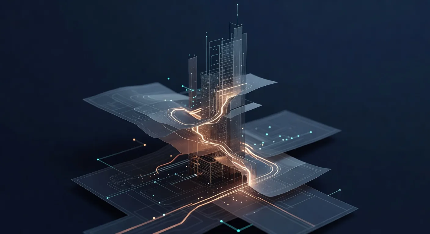 Abstract layered blueprint with glowing copper pathways and teal nodes against a deep navy background.