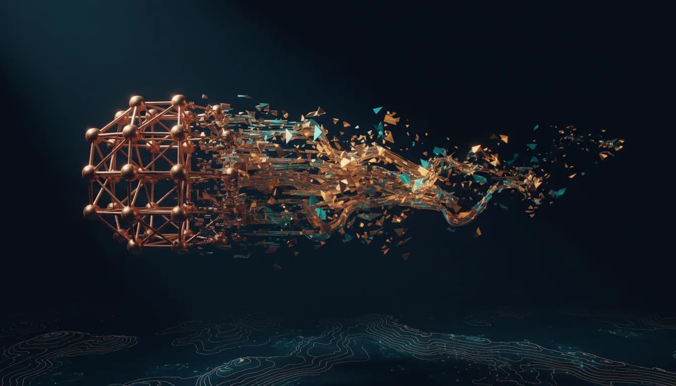 An abstract copper-colored molecular lattice dissolving into flowing data streams over a deep navy background with faint geological contour lines.