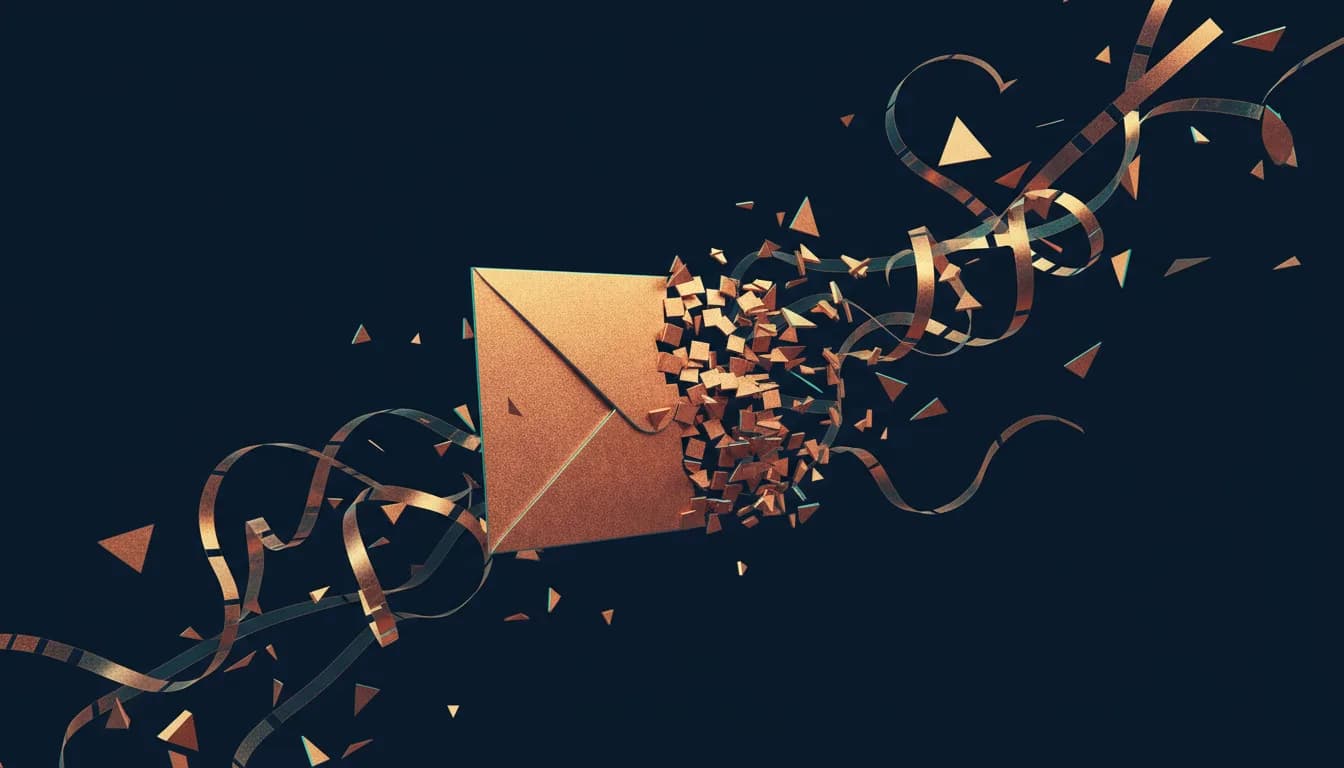 An abstract sealed envelope dissolving into ribbons of ticker tape against a deep navy background with copper accents