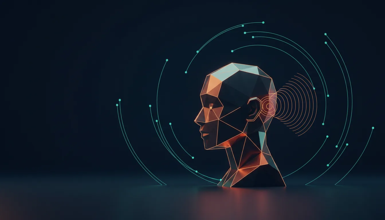 A stylized small robot in profile with sound waves curving back into itself against a deep navy background lit by copper and teal accents.