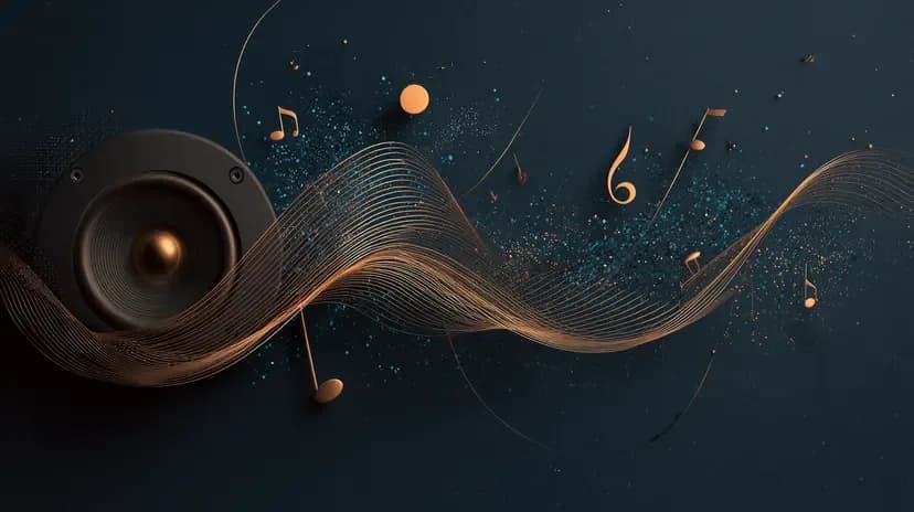 Abstract soundwave shapes in copper and teal dissolving into geometric fragments on a dark navy background