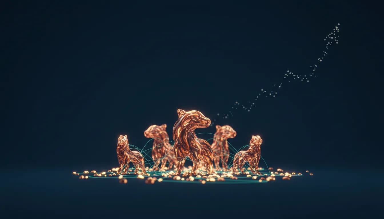 Abstract navy and copper illustration of five glowing nodes connected by trade lines, suggesting a small simulated economy.