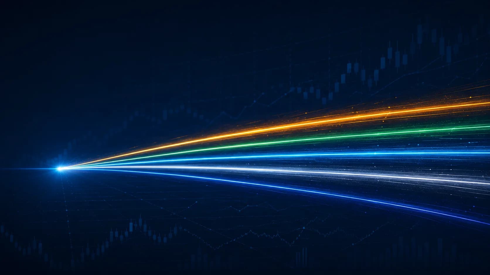 Five colored streaks of light race rightward across a dark navy field from a single starting line, still bunched closely together — an abstract take on the five AI models running neck-and-neck after Week 1 of The AI Open.